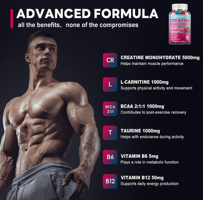 Creatin-Monohydrat 5000mg Gummis mit BCAA, L-Carnitin, Taurin & Vitamin B12 – Prä-Workout für Muskelaufbau, Kraft & Energie, Multigeschmack, 90 Stück für Männer & Frauen
