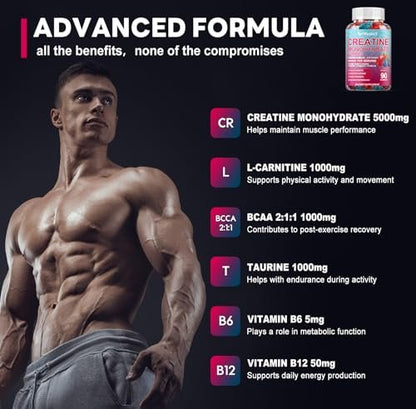 Creatin-Monohydrat 5000mg Gummis mit BCAA, L-Carnitin, Taurin & Vitamin B12 – Prä-Workout für Muskelaufbau, Kraft & Energie, Multigeschmack, 90 Stück für Männer & Frauen