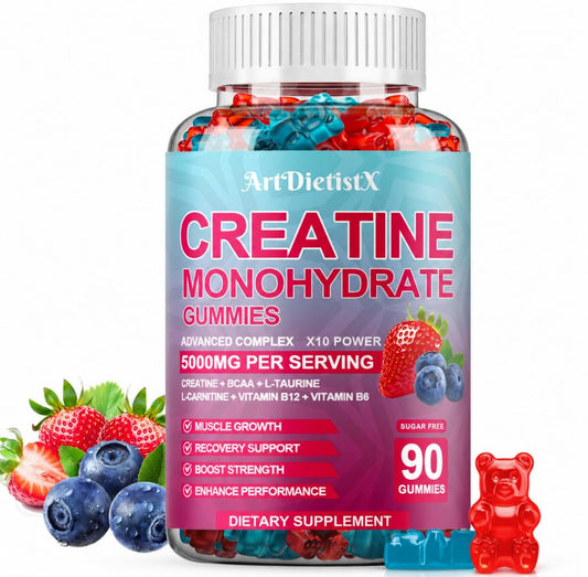 Creatin-Monohydrat 5000mg Gummis mit BCAA, L-Carnitin, Taurin & Vitamin B12 – Prä-Workout für Muskelaufbau, Kraft & Energie, Multigeschmack, 90 Stück für Männer & Frauen