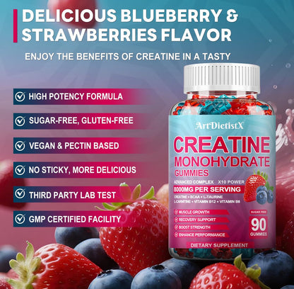 Creatin-Monohydrat 5000mg Gummis mit BCAA, L-Carnitin, Taurin & Vitamin B12 – Prä-Workout für Muskelaufbau, Kraft & Energie, Multigeschmack, 90 Stück für Männer & Frauen