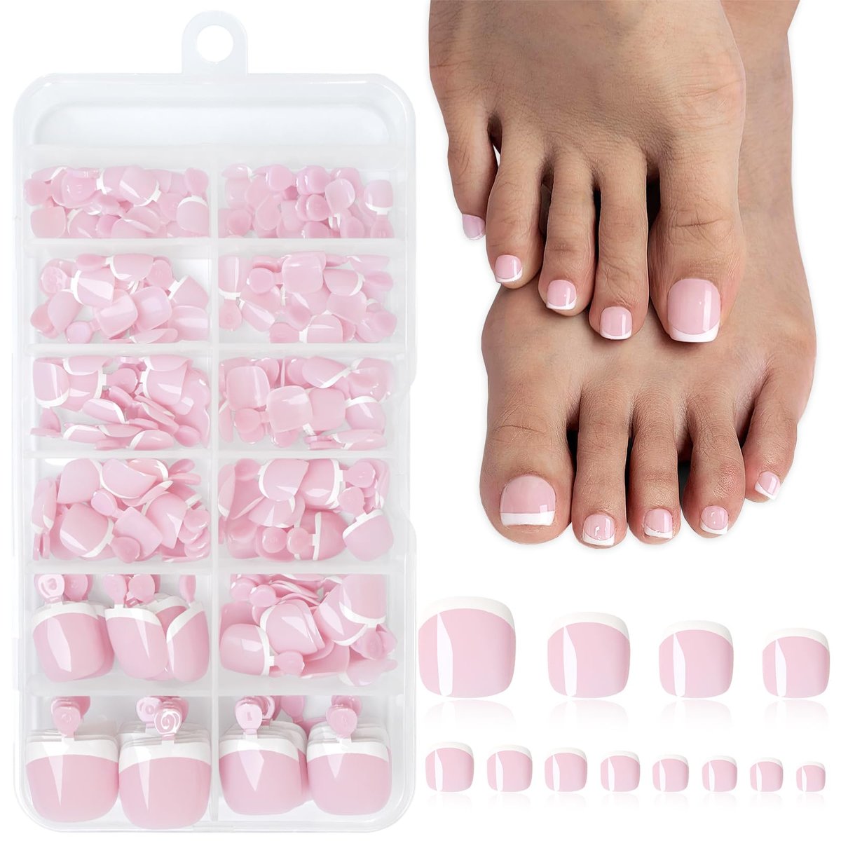 Lifextol 216-teilige Press-On-Zehennägel für Damen – French Tip Zehennagel-Set mit Klebepads, 12 Größen, Acryl-Zehennagelspitzen, Weiß