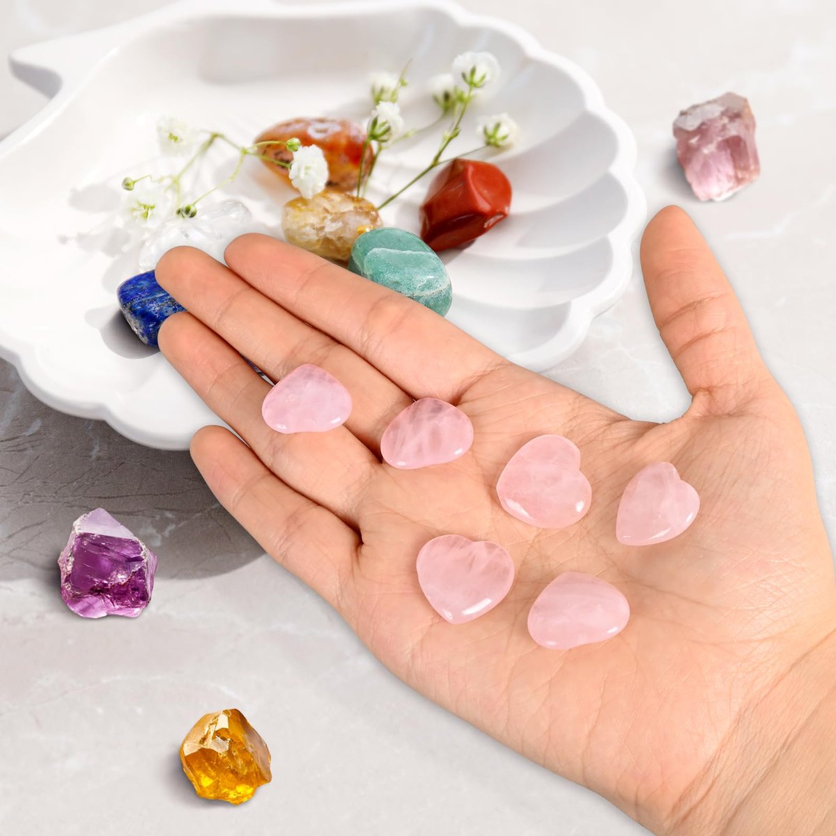 Ditind 10er-Set Rosenquarz Herz Heilsteine – Natürliche handgefertigte Edelsteine für Liebe, Energieausgleich & Meditation, Kristalle und Heilsteine für spirituelles Wachstum & Entspannung