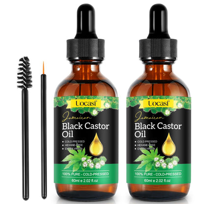 Uocasi Jamaican Black Castor Oil - 2er-Pack, 100 % rein und organisch, kaltgepresst in Glasflaschen für Haarwachstum, Augenbrauenpflege und Hautfeuchtigkeit, 2 x 2,02 Fl Oz
