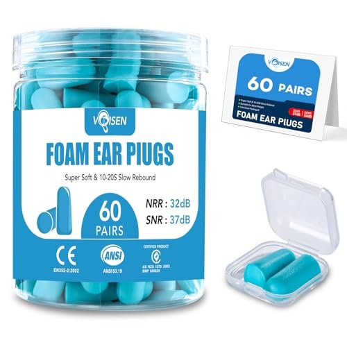 VOISEN 60 Paar Schaumstoff-Ohrstöpsel, Ohrstöpsel zum Schlafen, geräuschunterdrückend, 32 dB NRR, 37 dB SNR, Ohrstöpsel für Schlafen, Schnarchen, Lernen, laute Veranstaltungen, Reisen & Konzerte, inklusive Aufbewahrungsbox, Blau