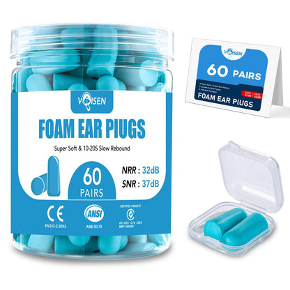 VOISEN 60 Paar Schaumstoff-Ohrstöpsel, Ohrstöpsel zum Schlafen, geräuschunterdrückend, 32 dB NRR, 37 dB SNR, Ohrstöpsel für Schlafen, Schnarchen, Lernen, laute Veranstaltungen, Reisen & Konzerte, inklusive Aufbewahrungsbox, Blau