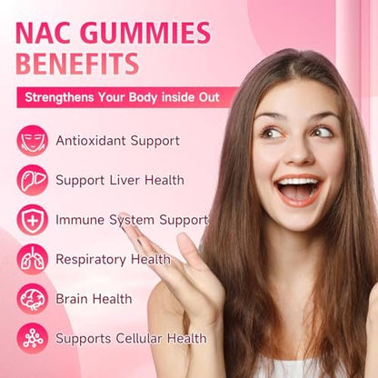 GrnLife NAC Gummis für Kinder & Erwachsene, 1000mg N-Acetylcystein Supplement, Antioxidantien & Immununterstützung, Lebergesundheit, Himbeergeschmack, 60 Stück