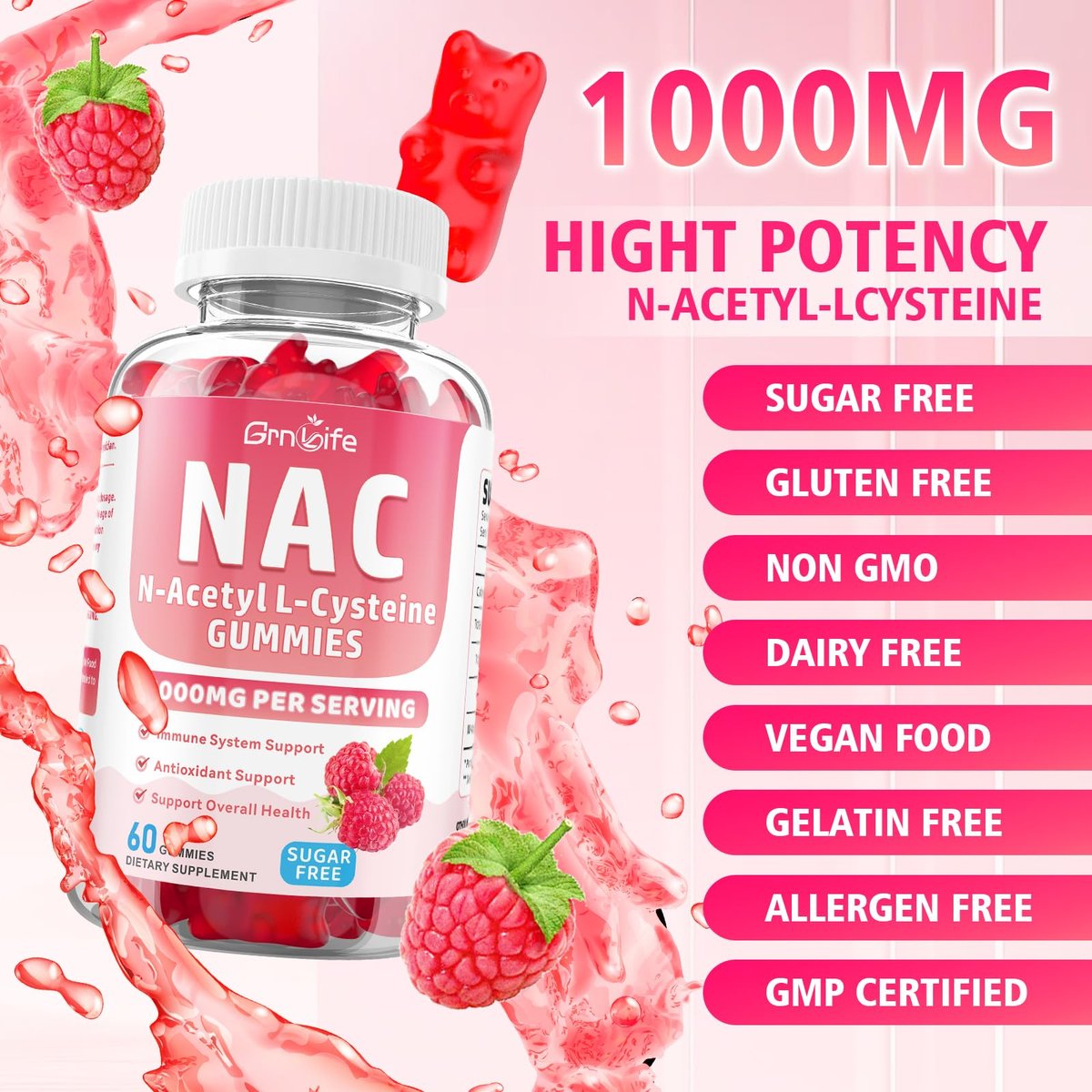 GrnLife NAC Gummis für Kinder & Erwachsene, 1000mg N-Acetylcystein Supplement, Antioxidantien & Immununterstützung, Lebergesundheit, Himbeergeschmack, 60 Stück