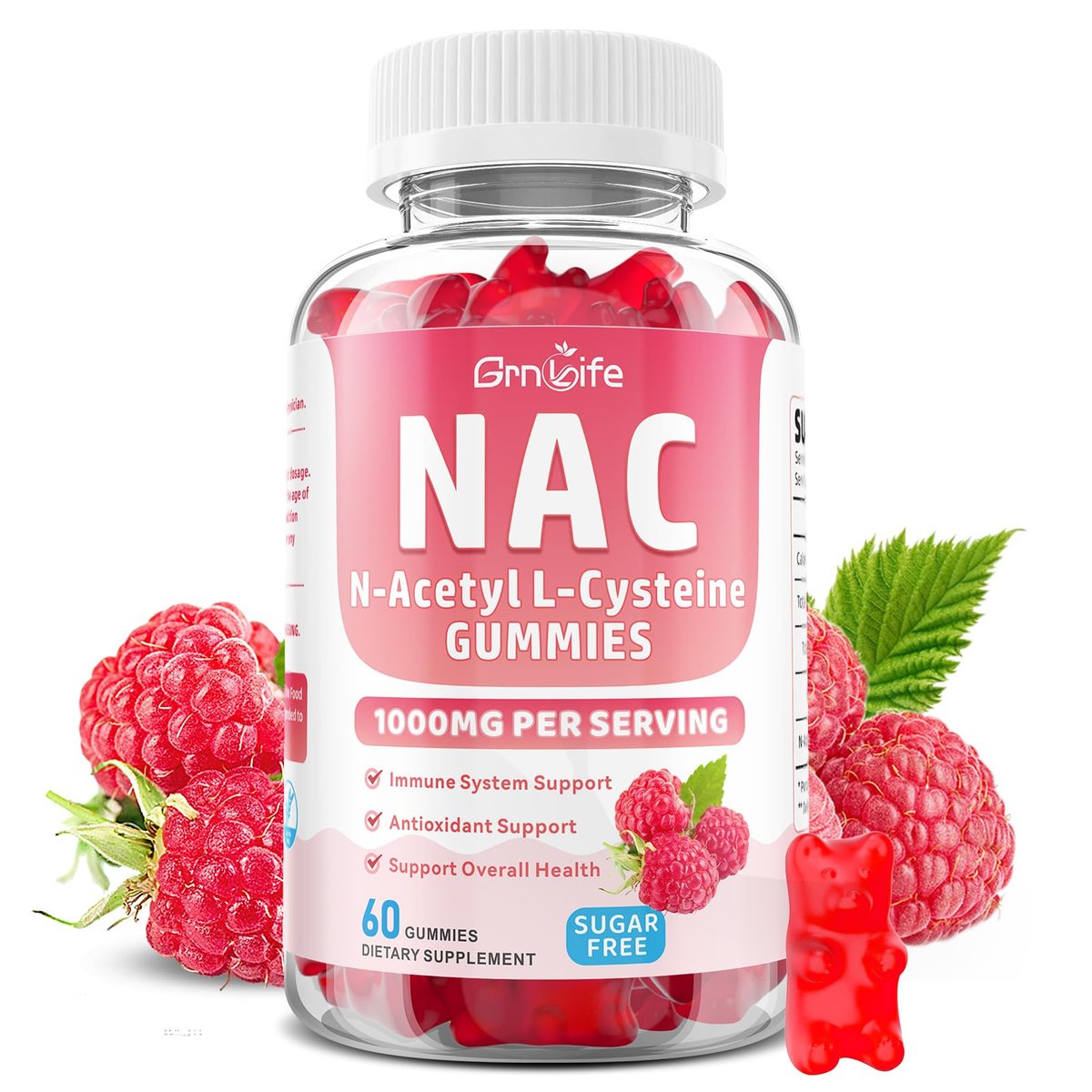 GrnLife NAC Gummis für Kinder & Erwachsene, 1000mg N-Acetylcystein Supplement, Antioxidantien & Immununterstützung, Lebergesundheit, Himbeergeschmack, 60 Stück