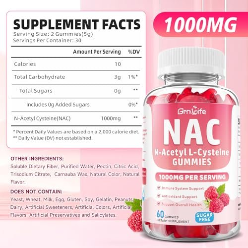GrnLife NAC Gummis für Kinder & Erwachsene, 1000mg N-Acetylcystein Supplement, Antioxidantien & Immununterstützung, Lebergesundheit, Himbeergeschmack, 60 Stück