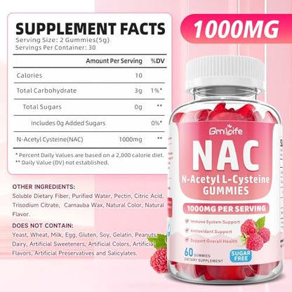 GrnLife NAC Gummis für Kinder & Erwachsene, 1000mg N-Acetylcystein Supplement, Antioxidantien & Immununterstützung, Lebergesundheit, Himbeergeschmack, 60 Stück