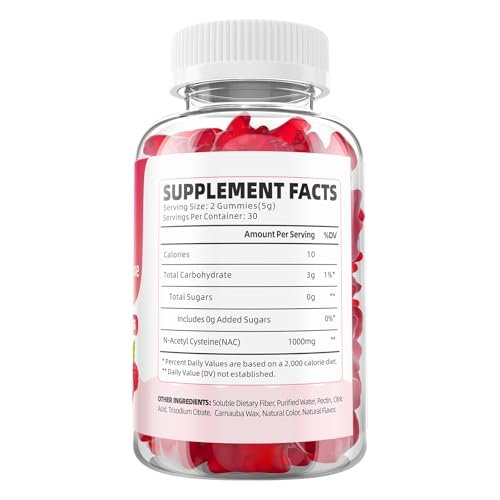 GrnLife NAC Gummis für Kinder & Erwachsene, 1000mg N-Acetylcystein Supplement, Antioxidantien & Immununterstützung, Lebergesundheit, Himbeergeschmack, 60 Stück