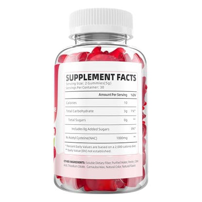 GrnLife NAC Gummis für Kinder & Erwachsene, 1000mg N-Acetylcystein Supplement, Antioxidantien & Immununterstützung, Lebergesundheit, Himbeergeschmack, 60 Stück