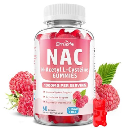 GrnLife NAC Gummis für Kinder & Erwachsene, 1000mg N-Acetylcystein Supplement, Antioxidantien & Immununterstützung, Lebergesundheit, Himbeergeschmack, 60 Stück