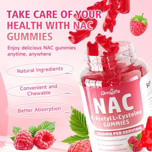 GrnLife NAC Gummis für Kinder & Erwachsene, 1000mg N-Acetylcystein Supplement, Antioxidantien & Immununterstützung, Lebergesundheit, Himbeergeschmack, 60 Stück