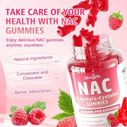 GrnLife NAC Gummis für Kinder & Erwachsene, 1000mg N-Acetylcystein Supplement, Antioxidantien & Immununterstützung, Lebergesundheit, Himbeergeschmack, 60 Stück