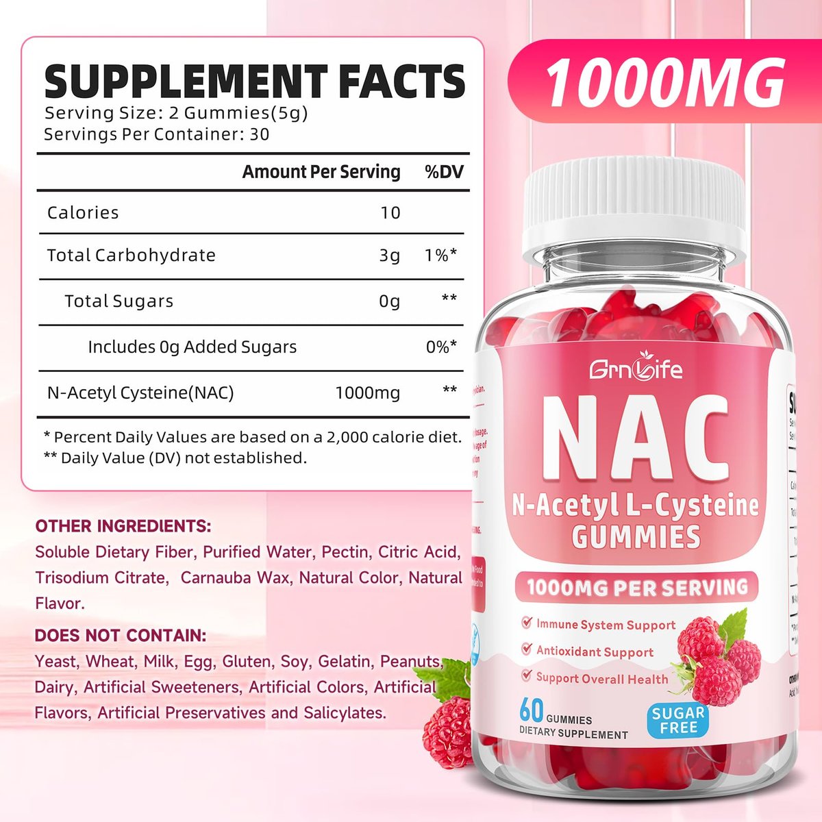 GrnLife NAC Gummis für Kinder & Erwachsene, 1000mg N-Acetylcystein Supplement, Antioxidantien & Immununterstützung, Lebergesundheit, Himbeergeschmack, 60 Stück