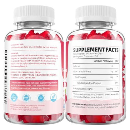 GrnLife NAC Gummis für Kinder & Erwachsene, 1000mg N-Acetylcystein Supplement, Antioxidantien & Immununterstützung, Lebergesundheit, Himbeergeschmack, 60 Stück