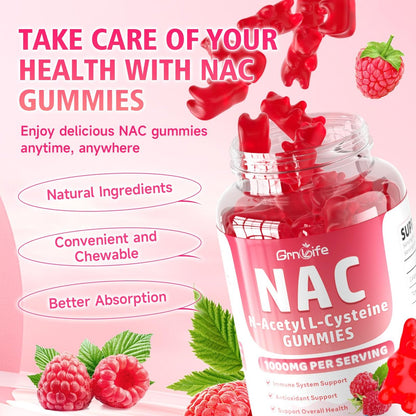 GrnLife NAC Gummis für Kinder & Erwachsene, 1000mg N-Acetylcystein Supplement, Antioxidantien & Immununterstützung, Lebergesundheit, Himbeergeschmack, 60 Stück