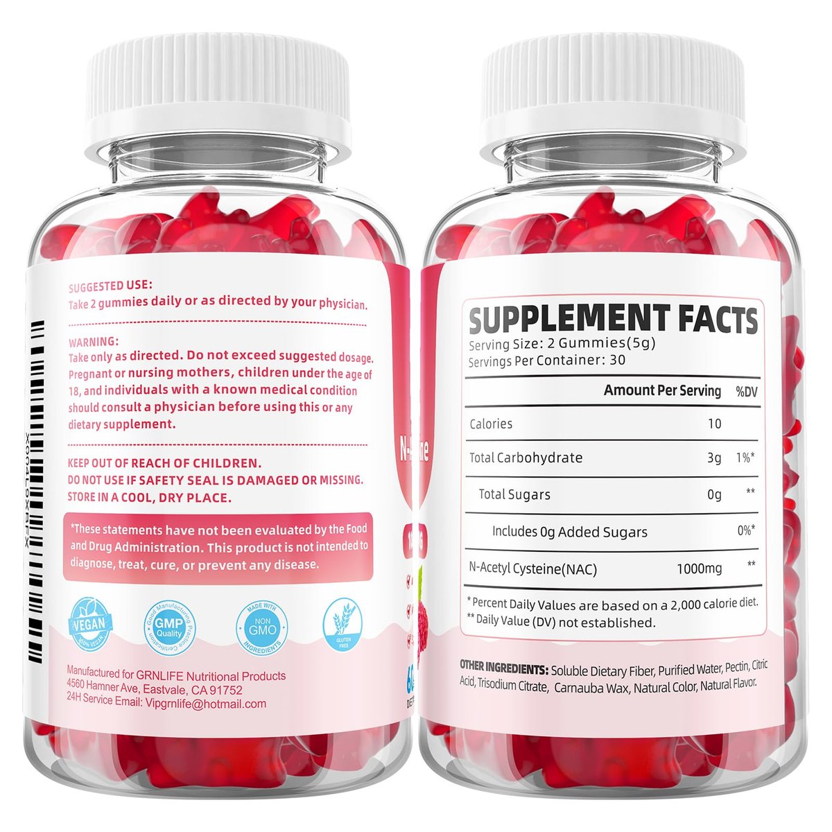 GrnLife NAC Gummis für Kinder & Erwachsene, 1000mg N-Acetylcystein Supplement, Antioxidantien & Immununterstützung, Lebergesundheit, Himbeergeschmack, 60 Stück