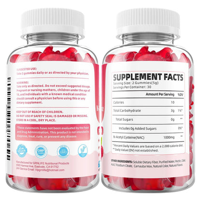 GrnLife NAC Gummis für Kinder & Erwachsene, 1000mg N-Acetylcystein Supplement, Antioxidantien & Immununterstützung, Lebergesundheit, Himbeergeschmack, 60 Stück