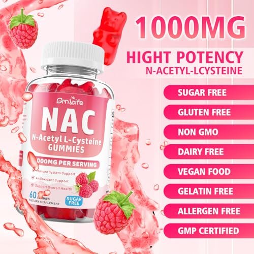 GrnLife NAC Gummis für Kinder & Erwachsene, 1000mg N-Acetylcystein Supplement, Antioxidantien & Immununterstützung, Lebergesundheit, Himbeergeschmack, 60 Stück