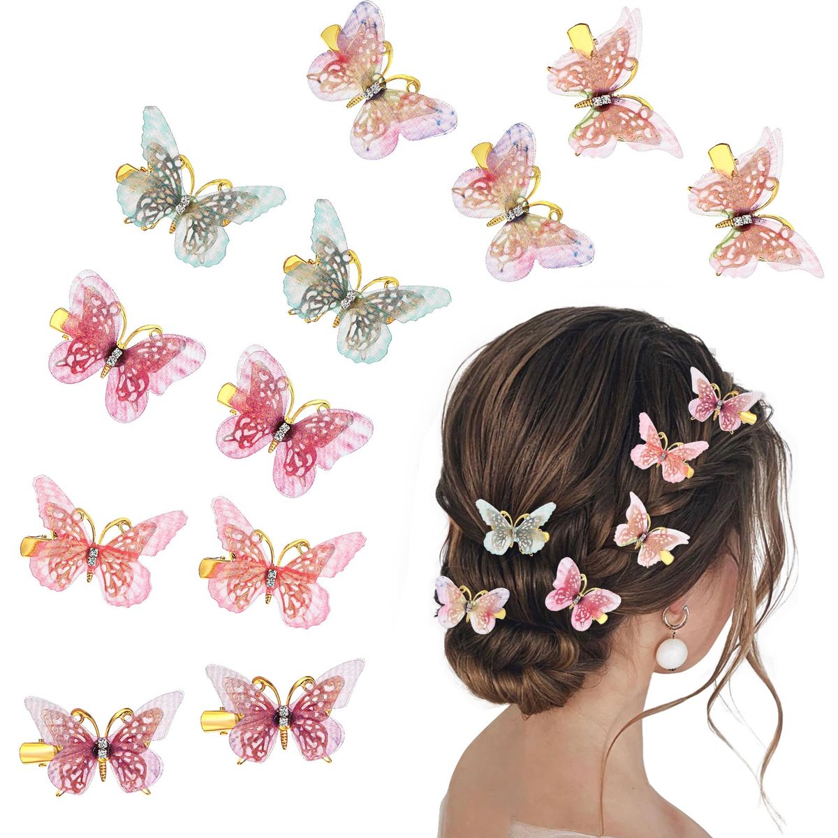 Nogeqi 12 Stück Schmetterlings-Haarklammern für Mädchen, Kawaii Haarspangen, Bunte Butterfly Clips, Kleine Mini Schmetterlings-Haaraccessoires für Teenager und Frauen