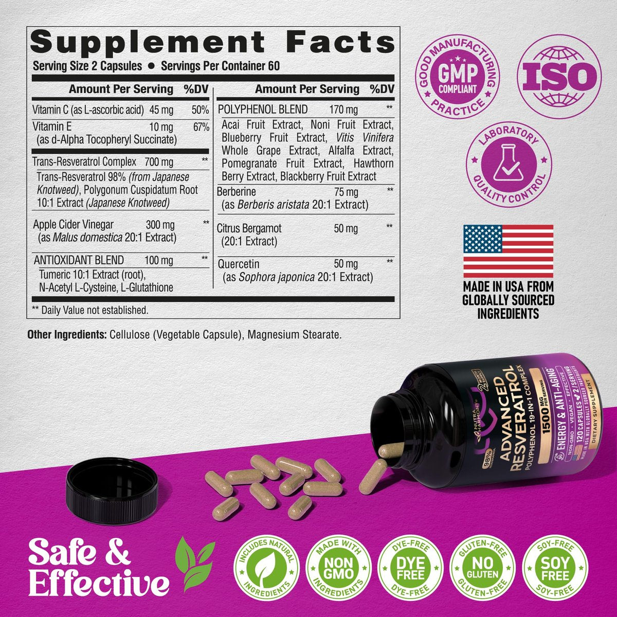 Resveratrol-Komplex 19-in-1 – Bio-Polyphenol-Komplex mit Noni, Berberin, Quercetin, Apfelessig, Acai – für Frauen & Männer – Antioxidans & Herz-Kreislauf-Unterstützung – 120 Kapseln