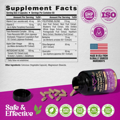 Resveratrol-Komplex 19-in-1 – Bio-Polyphenol-Komplex mit Noni, Berberin, Quercetin, Apfelessig, Acai – für Frauen & Männer – Antioxidans & Herz-Kreislauf-Unterstützung – 120 Kapseln