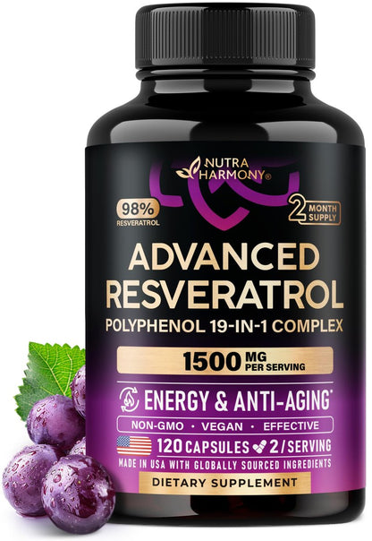Resveratrol-Komplex 19-in-1 – Bio-Polyphenol-Komplex mit Noni, Berberin, Quercetin, Apfelessig, Acai – für Frauen & Männer – Antioxidans & Herz-Kreislauf-Unterstützung – 120 Kapseln