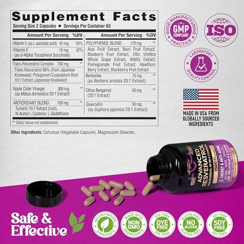 Resveratrol-Komplex 19-in-1 – Bio-Polyphenol-Komplex mit Noni, Berberin, Quercetin, Apfelessig, Acai – für Frauen & Männer – Antioxidans & Herz-Kreislauf-Unterstützung – 120 Kapseln