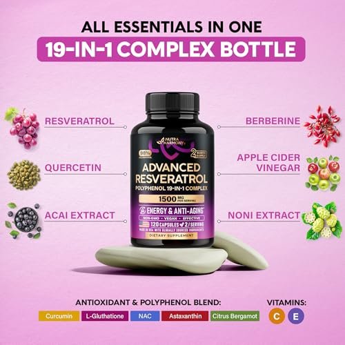 Resveratrol-Komplex 19-in-1 – Bio-Polyphenol-Komplex mit Noni, Berberin, Quercetin, Apfelessig, Acai – für Frauen & Männer – Antioxidans & Herz-Kreislauf-Unterstützung – 120 Kapseln
