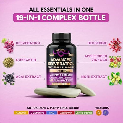 Resveratrol-Komplex 19-in-1 – Bio-Polyphenol-Komplex mit Noni, Berberin, Quercetin, Apfelessig, Acai – für Frauen & Männer – Antioxidans & Herz-Kreislauf-Unterstützung – 120 Kapseln