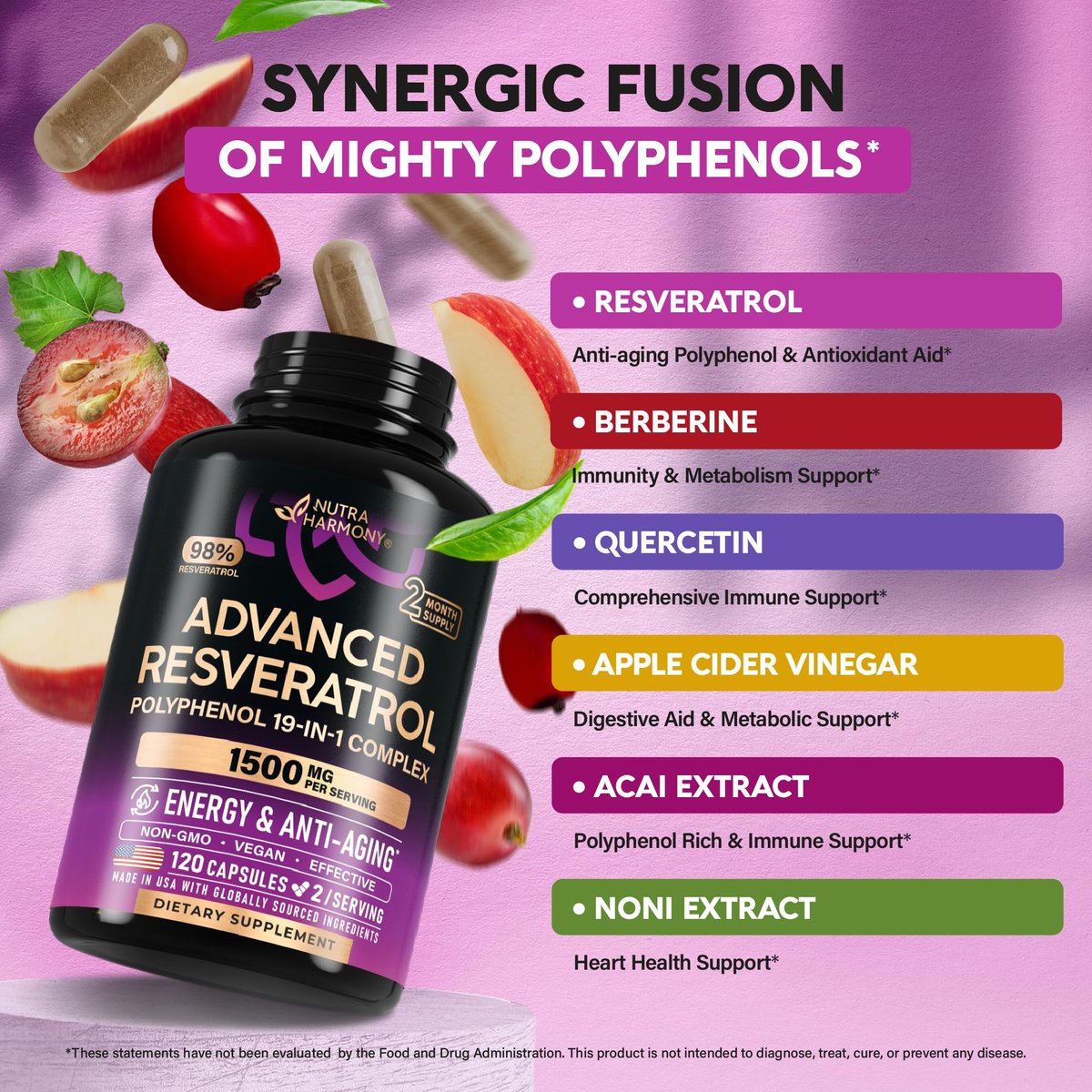 Resveratrol-Komplex 19-in-1 – Bio-Polyphenol-Komplex mit Noni, Berberin, Quercetin, Apfelessig, Acai – für Frauen & Männer – Antioxidans & Herz-Kreislauf-Unterstützung – 120 Kapseln