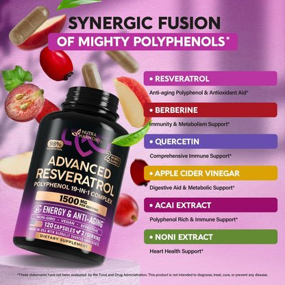 Resveratrol-Komplex 19-in-1 – Bio-Polyphenol-Komplex mit Noni, Berberin, Quercetin, Apfelessig, Acai – für Frauen & Männer – Antioxidans & Herz-Kreislauf-Unterstützung – 120 Kapseln