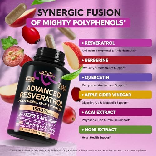 Resveratrol-Komplex 19-in-1 – Bio-Polyphenol-Komplex mit Noni, Berberin, Quercetin, Apfelessig, Acai – für Frauen & Männer – Antioxidans & Herz-Kreislauf-Unterstützung – 120 Kapseln
