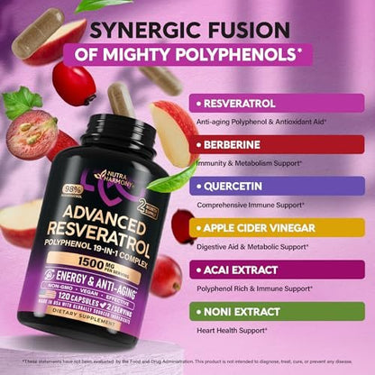 Resveratrol-Komplex 19-in-1 – Bio-Polyphenol-Komplex mit Noni, Berberin, Quercetin, Apfelessig, Acai – für Frauen & Männer – Antioxidans & Herz-Kreislauf-Unterstützung – 120 Kapseln