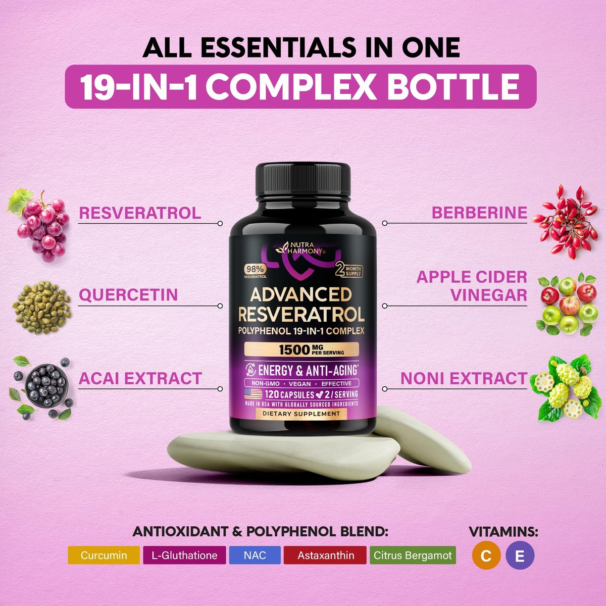 Resveratrol-Komplex 19-in-1 – Bio-Polyphenol-Komplex mit Noni, Berberin, Quercetin, Apfelessig, Acai – für Frauen & Männer – Antioxidans & Herz-Kreislauf-Unterstützung – 120 Kapseln