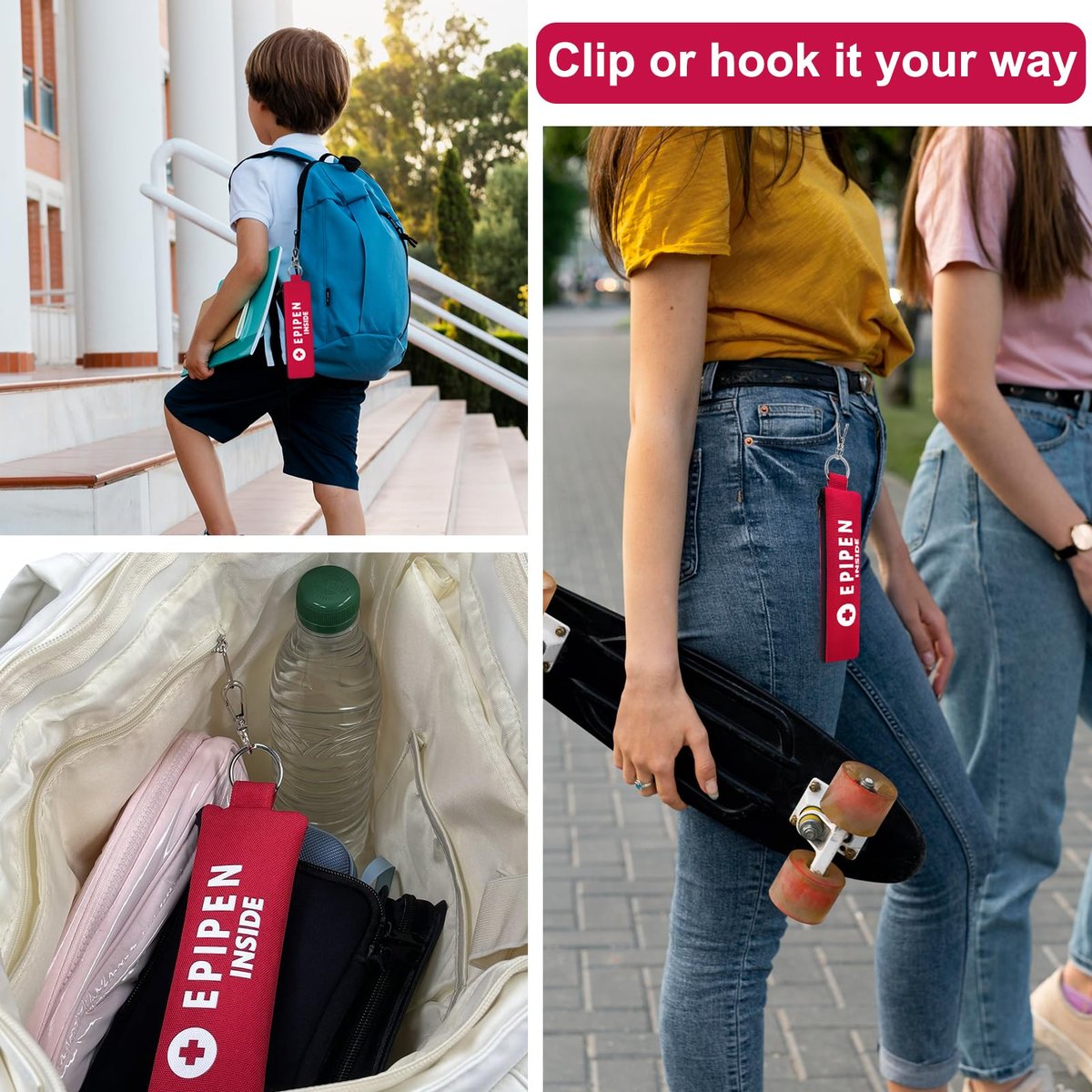 ICIMBI 2er-Pack EpiPen-Tragetasche isoliert, rot – Epipen-Halter-Tasche mit Karabiner für 1 EpiPen Asthma Allergie Medikament, Sport Outdoor Reise Epipen-Etui zum Gehen oder Laufen
