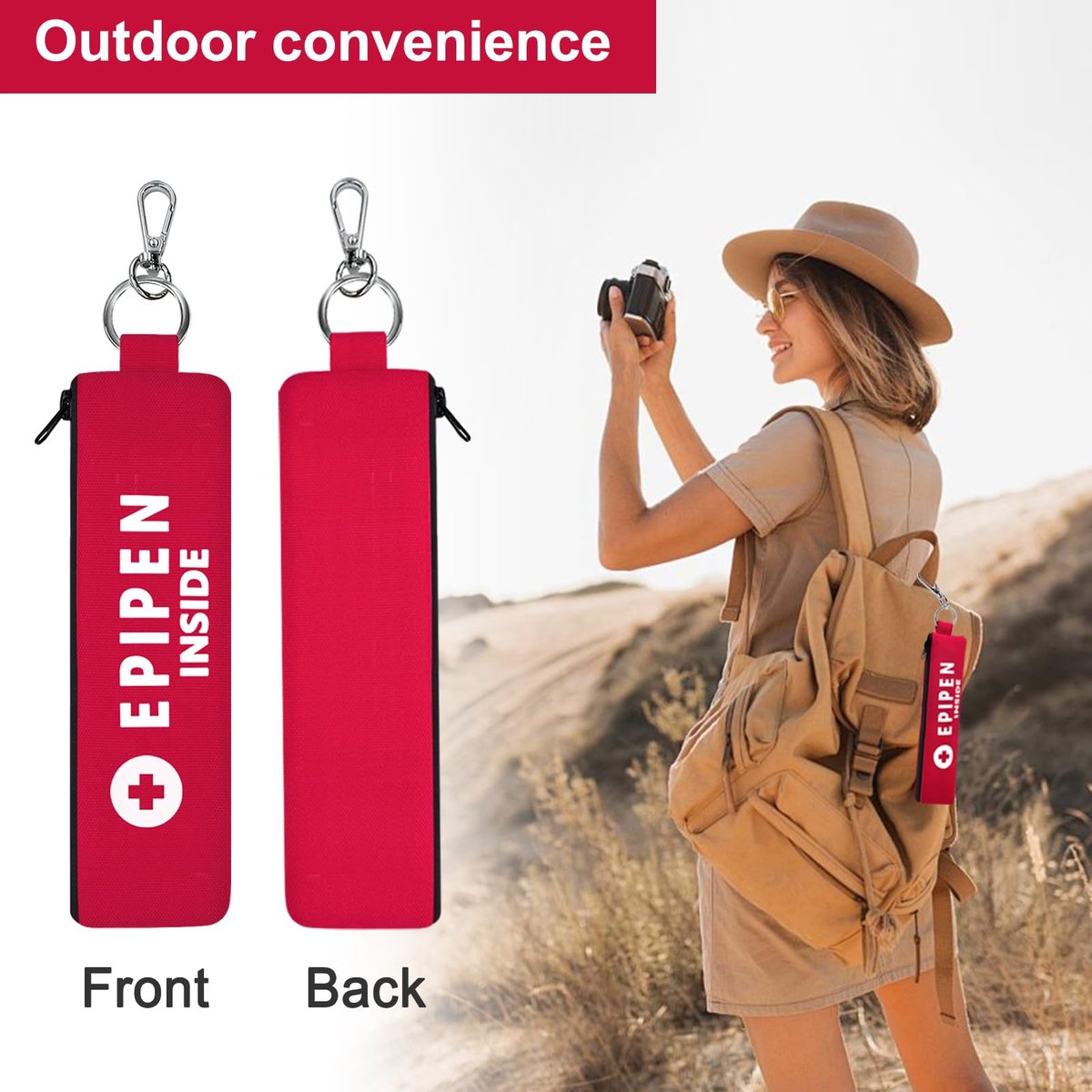 ICIMBI 2er-Pack EpiPen-Tragetasche isoliert, rot – Epipen-Halter-Tasche mit Karabiner für 1 EpiPen Asthma Allergie Medikament, Sport Outdoor Reise Epipen-Etui zum Gehen oder Laufen