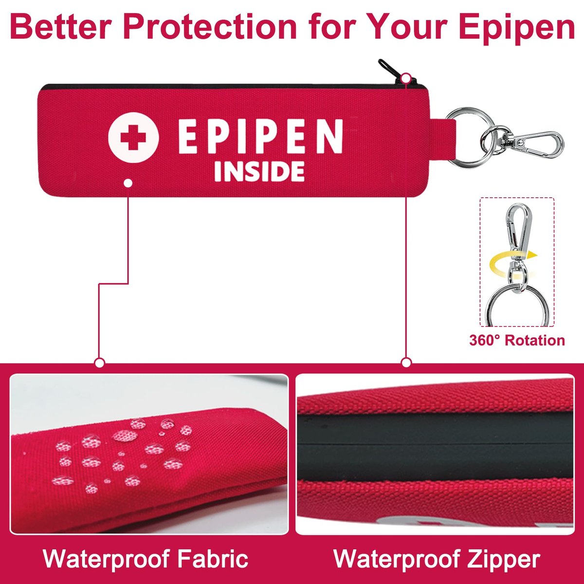 ICIMBI 2er-Pack EpiPen-Tragetasche isoliert, rot – Epipen-Halter-Tasche mit Karabiner für 1 EpiPen Asthma Allergie Medikament, Sport Outdoor Reise Epipen-Etui zum Gehen oder Laufen