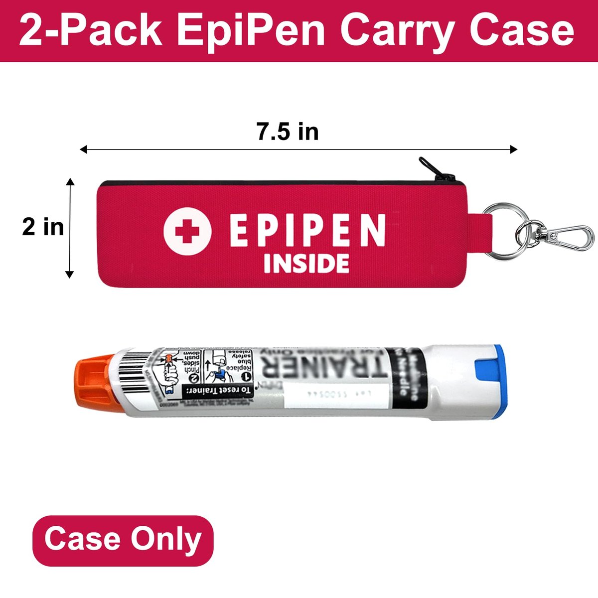 ICIMBI 2er-Pack EpiPen-Tragetasche isoliert, rot – Epipen-Halter-Tasche mit Karabiner für 1 EpiPen Asthma Allergie Medikament, Sport Outdoor Reise Epipen-Etui zum Gehen oder Laufen