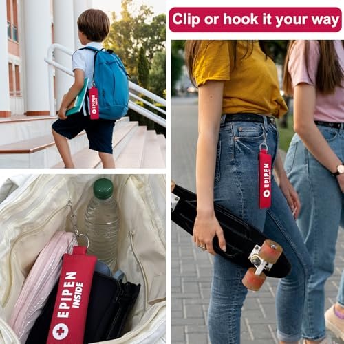 ICIMBI 2er-Pack EpiPen-Tragetasche isoliert, rot – Epipen-Halter-Tasche mit Karabiner für 1 EpiPen Asthma Allergie Medikament, Sport Outdoor Reise Epipen-Etui zum Gehen oder Laufen