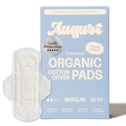 August Regular Baumwoll-Menstruationsbinden, 36er-Packung, ultradünne Binden mit Flügeln, hypoallergene Damenbinden mit Bio-Baumwoll-Deckblatt, kompostierbare Verpackung, schadstofffrei, parfümfrei