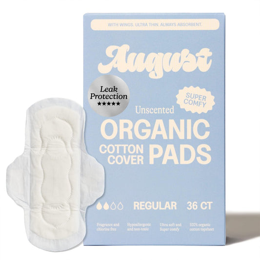 August Regular Baumwoll-Menstruationsbinden, 36er-Packung, ultradünne Binden mit Flügeln, hypoallergene Damenbinden mit Bio-Baumwoll-Deckblatt, kompostierbare Verpackung, schadstofffrei, parfümfrei