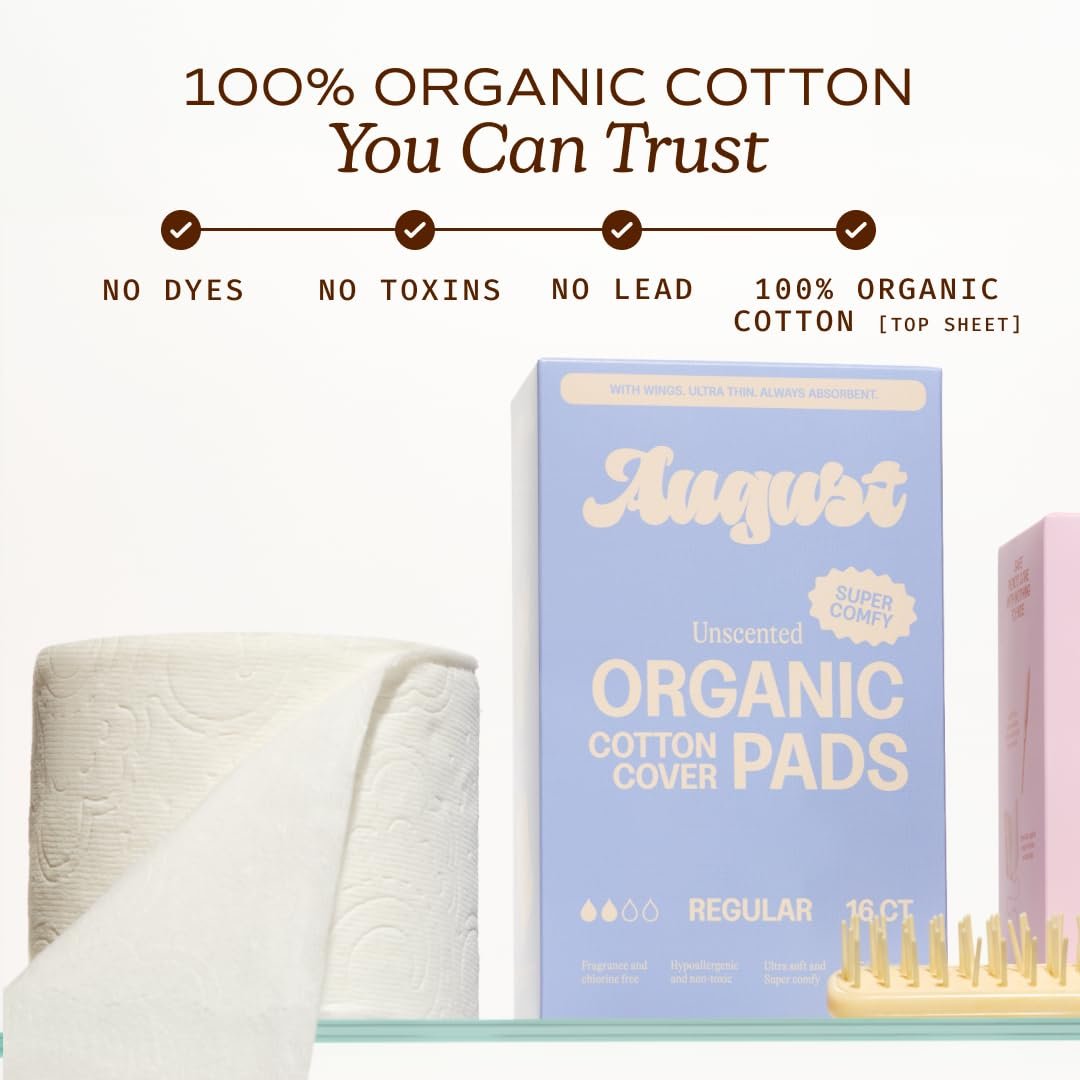 August Regular Baumwoll-Menstruationsbinden, 36er-Packung, ultradünne Binden mit Flügeln, hypoallergene Damenbinden mit Bio-Baumwoll-Deckblatt, kompostierbare Verpackung, schadstofffrei, parfümfrei
