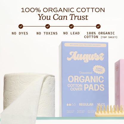 August Regular Baumwoll-Menstruationsbinden, 36er-Packung, ultradünne Binden mit Flügeln, hypoallergene Damenbinden mit Bio-Baumwoll-Deckblatt, kompostierbare Verpackung, schadstofffrei, parfümfrei