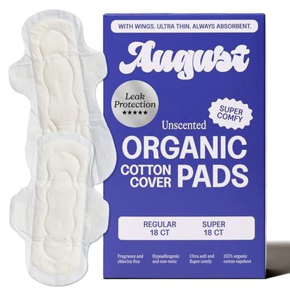 August Bio-Slipeinlagen Regular & Super für Frauen, 36 Stück (18+18) – Ultradünne Binden mit Flügeln, hypoallergen, mit Bio-Baumwoll-Deckblatt, kompostierbare Verpackung, ungiftig, duftfrei