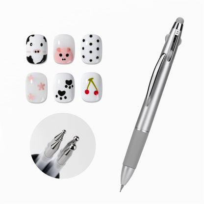 GAOY 4-in-1 Nagel-Dotting-Pen – Maniküre-Werkzeug mit Kugelschreiber-Design, Größenmarkierung und Presskopf für Nagelkunst, Malen, Modellieren und Strass-DIY – Silber