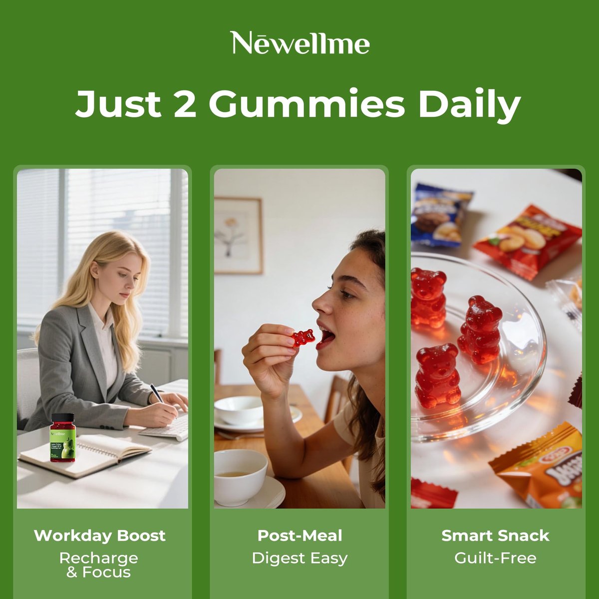 NEWELLME Zuckerfreie Apfelessig Gummibärchen 1000 mg ACV mit Mutter + Vitamin B12 für Darmgesundheit, Blähungen Linderung & Stoffwechsel, Vegan Keto Glutenfrei, 60 Stück (1 Packung)