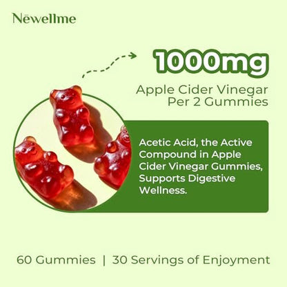 NEWELLME Zuckerfreie Apfelessig Gummibärchen 1000 mg ACV mit Mutter + Vitamin B12 für Darmgesundheit, Blähungen Linderung & Stoffwechsel, Vegan Keto Glutenfrei, 60 Stück (1 Packung)